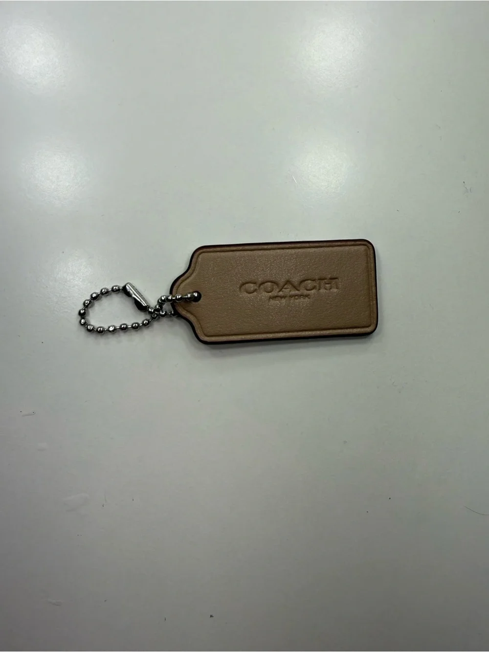Coach Taupe Leather Tag Keychain with Silver Chain